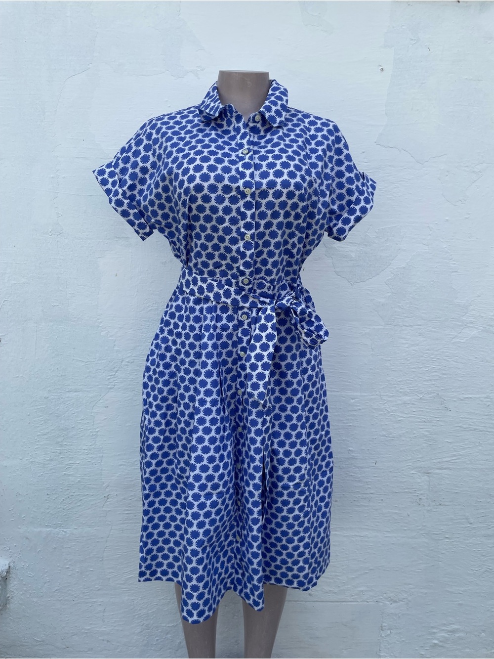 Talbots Blue and White Geo-Print Button-Front Shirt Dress with Tie Waist